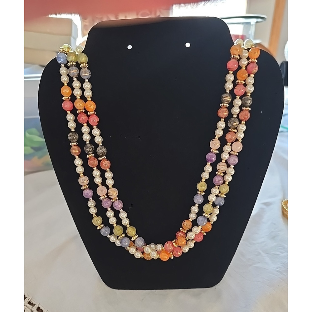 Vtg Multicolor Beaded Faux Pearl 3-Strand Elegant Statement Necklace‎ Jewelry